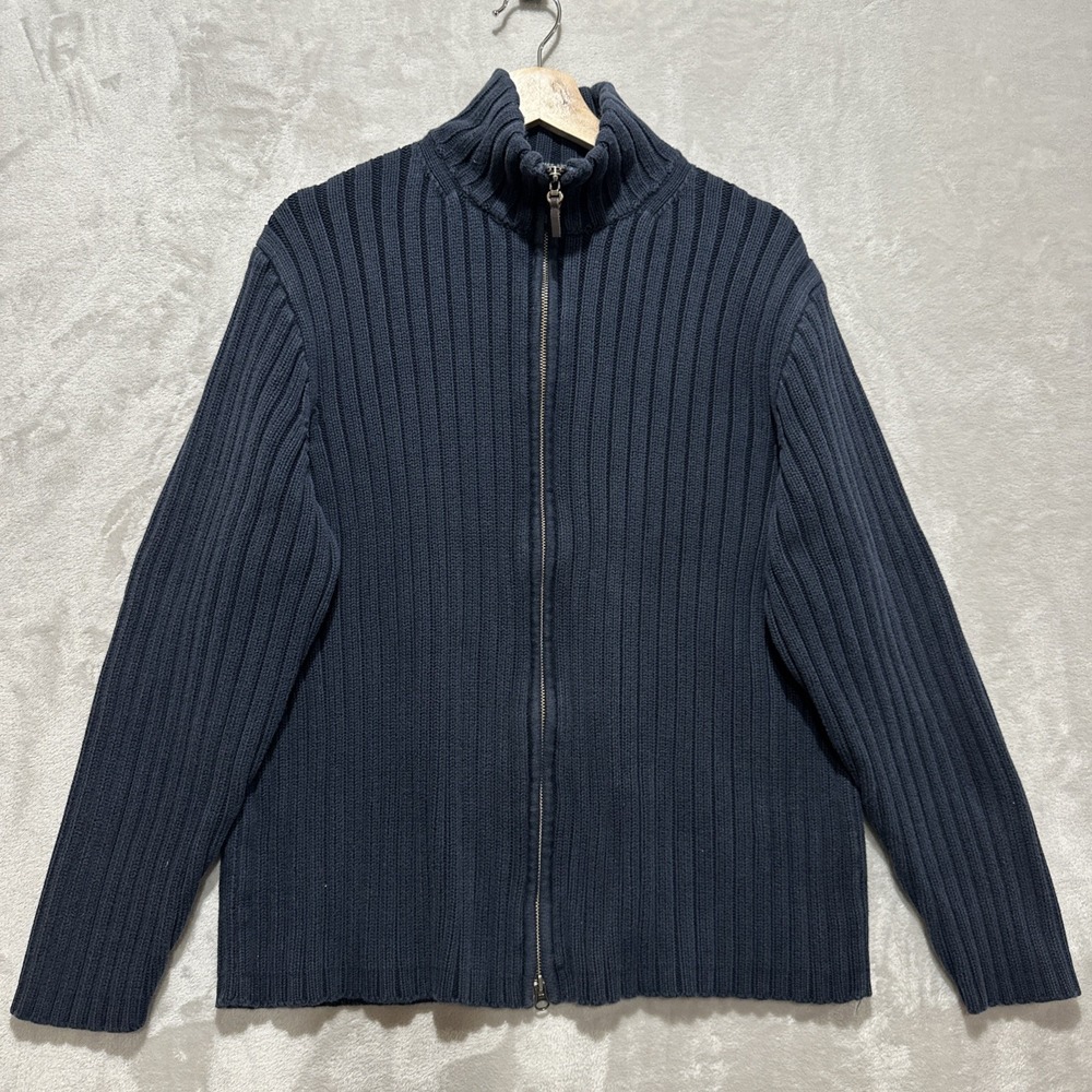 VTG J.Crew Knit Cotton Funnel Neck Zip-Up Sweater Jacket Men's Navy Long Sleeve